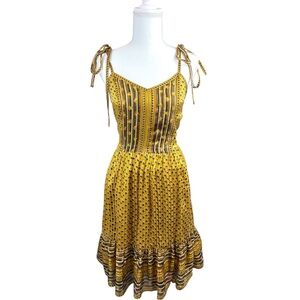 Ulla Johnson Clement Yellow Gold Silk High Low Midi Dress V-Neck‎ Elegant Flowy